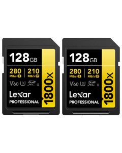 2 x Lexar SDXC Pro 1800x U3 V60 UHS-II 128GB 280MB/s -minneskort