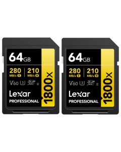 2 x Lexar SDXC Pro 1800x U3 V60 UHS-II 64GB 280MB/s -minneskort